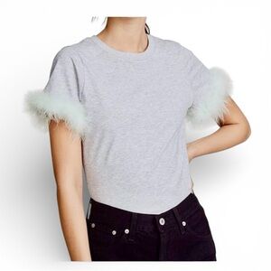 Cinq à Sept Gray Feather Sleeve T-Shirt Size S Designer Top